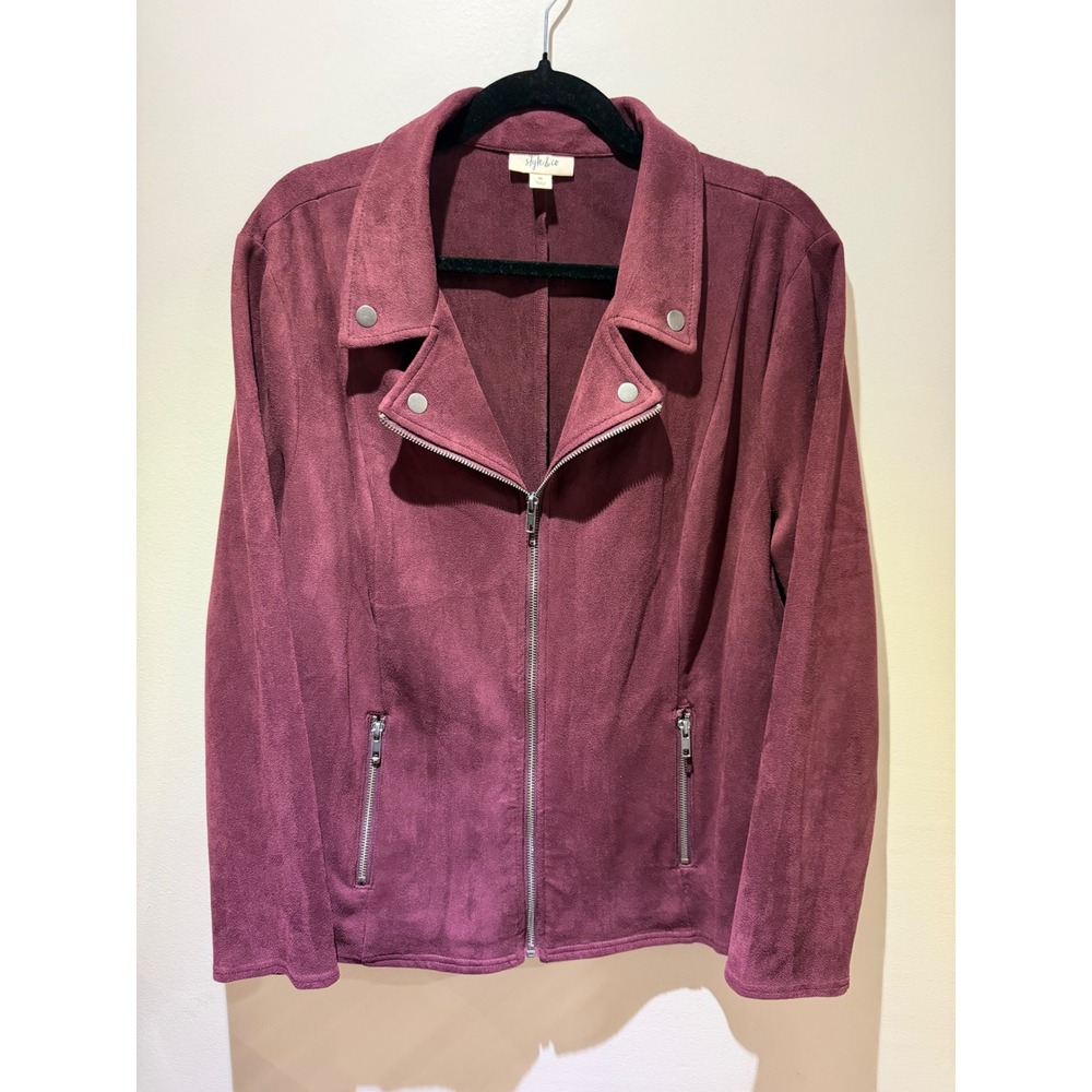 Style & Co Womens XL Burgundy Faux Suede Moto Jacket Asymmetrical Zip Wine Red